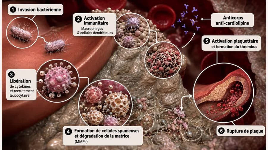 Schéma pédagogique : les étapes de formation d'une plaque d'athérome et les points où bactéries parodontales et inflammation pourraient intervenir, d'après les travaux expérimentaux.